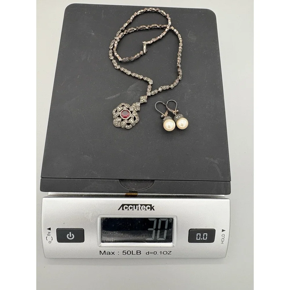 Sterling Silver Judith Jack Marcasite Necklace & SS‎ Faux Pearl Earrings 30g 9